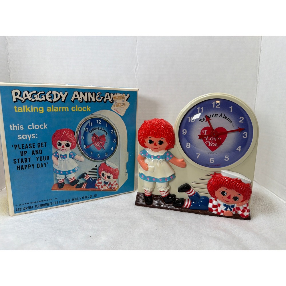 VTG 1974 Janex Raggedy Ann & Andy Talking Alarm Clock w Orig Box Ticks NO Talk